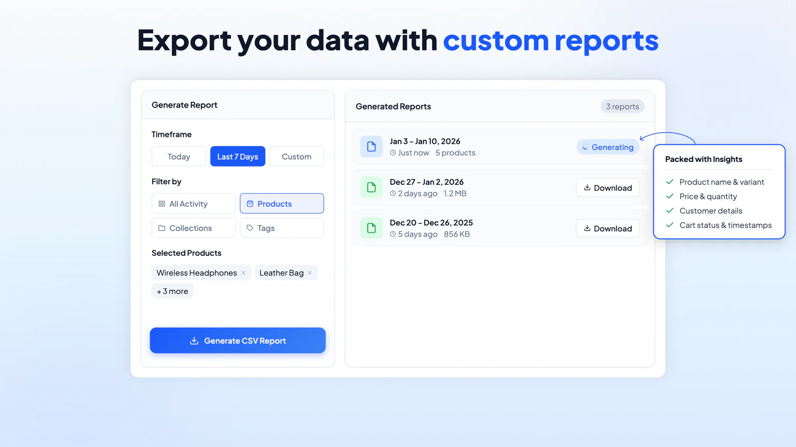 Cartlytics custom CSV report export with timeframe and product filters